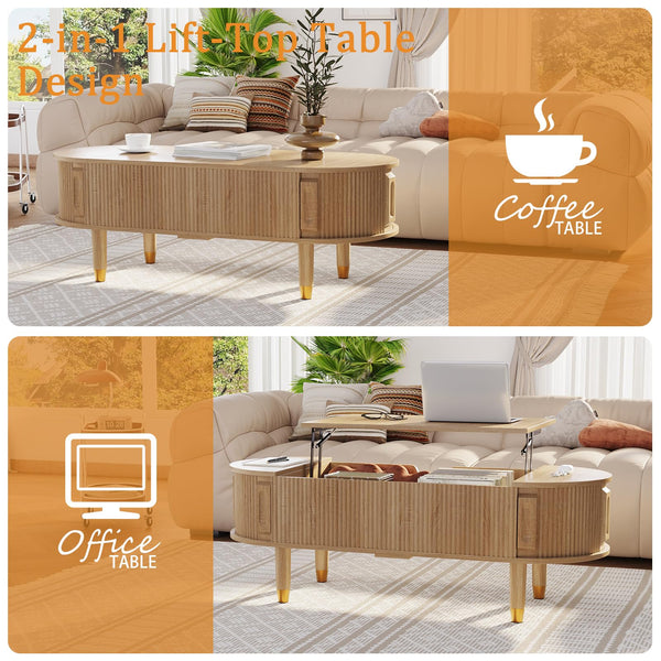 Oval Lift Top Coffee Table with Sliding Door Storage