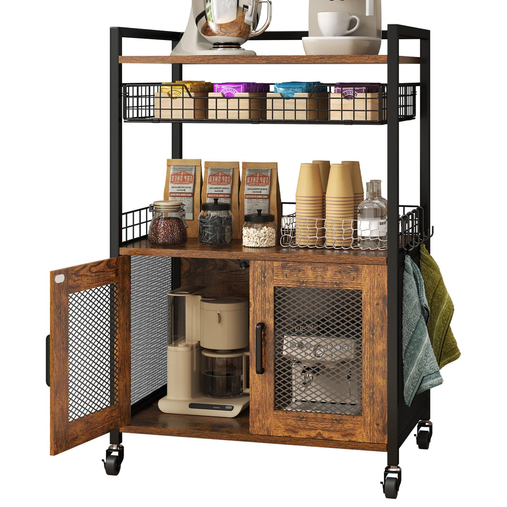 3-Tier Coffee Bar Cabinet with Wheels & Wire Basket Drawer