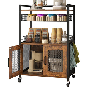 3-Tier Coffee Bar Cabinet with Wheels & Wire Basket Drawer