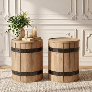 Farmhouse Barrel Side Table with Hidden Storage