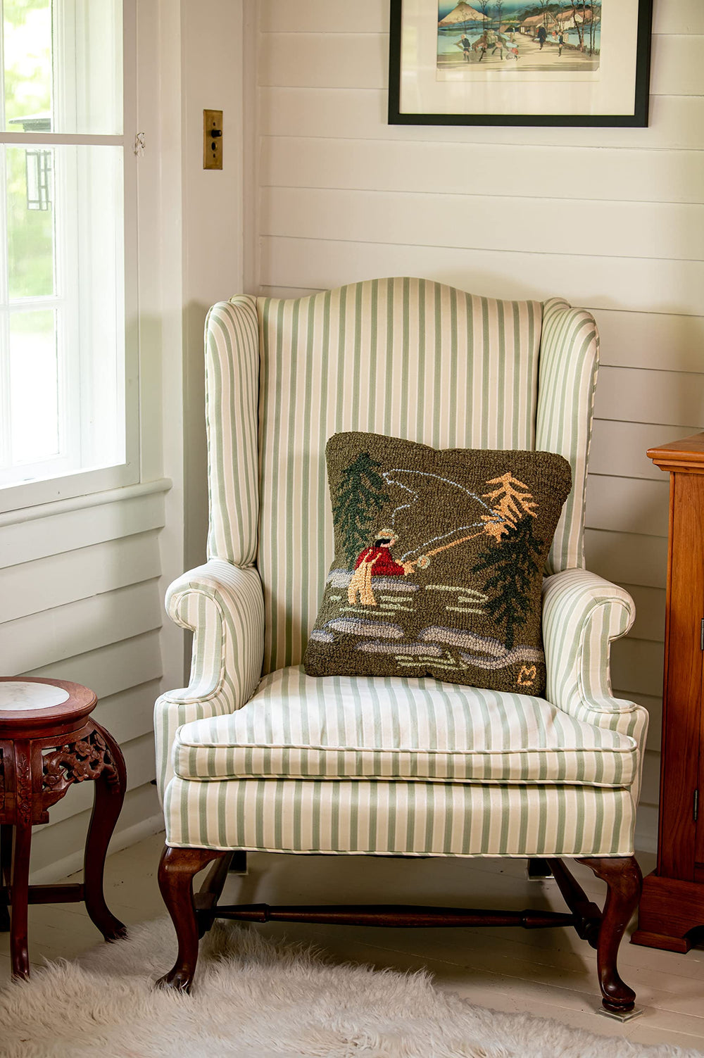 Hand-Hooked Wool Fly Fisherman Throw Pillow