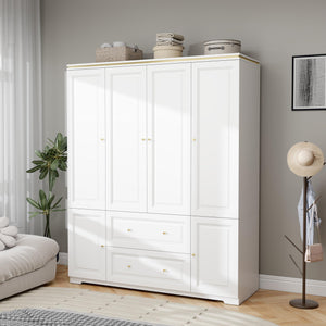 White Wardrobe Armoire with 4 Doors, Hanging Rod & 2 Drawers