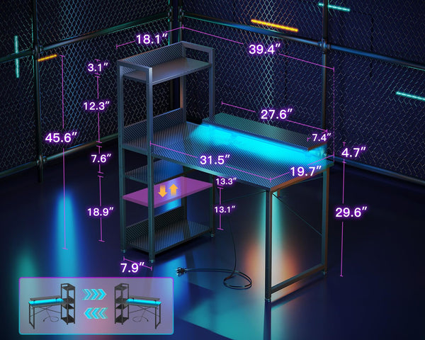 LED Gaming Desk with Storage Shelves & Monitor Stand