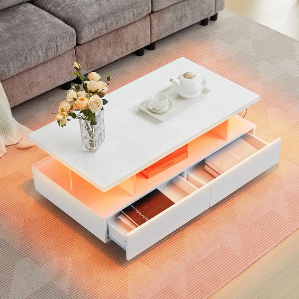 LED Coffee Table with 4 Drawers & Open Shelf – White