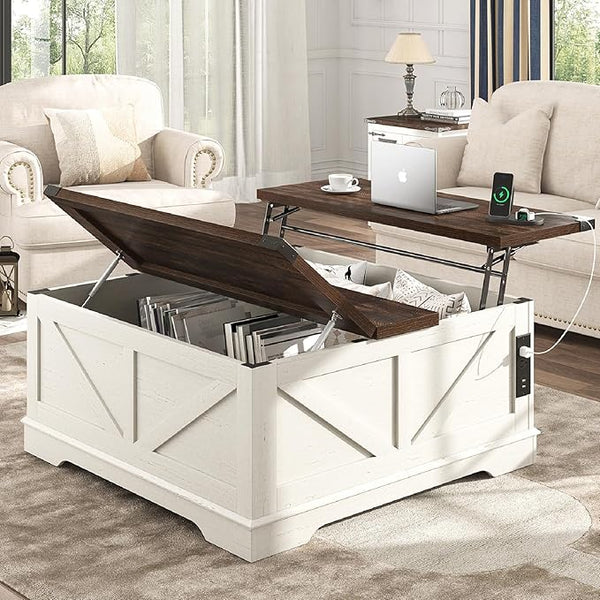 40" Square Farmhouse Lift Top Coffee Table with Power Outlets & Hidden Storage