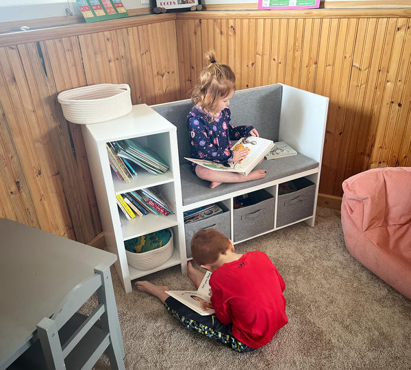 Kids Reading Nook Bench with Bookshelf and Storage Organizer