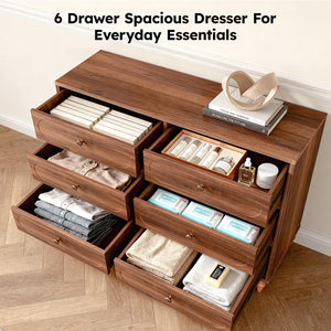 6 Drawer Mid-Century Dresser with Solid Wood Legs – 47" Wide Dark Walnut Chest