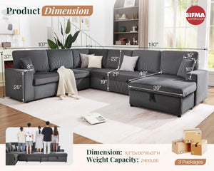 U-Shaped Sectional Sofa Bed with Storage, 6-Seater, 130"