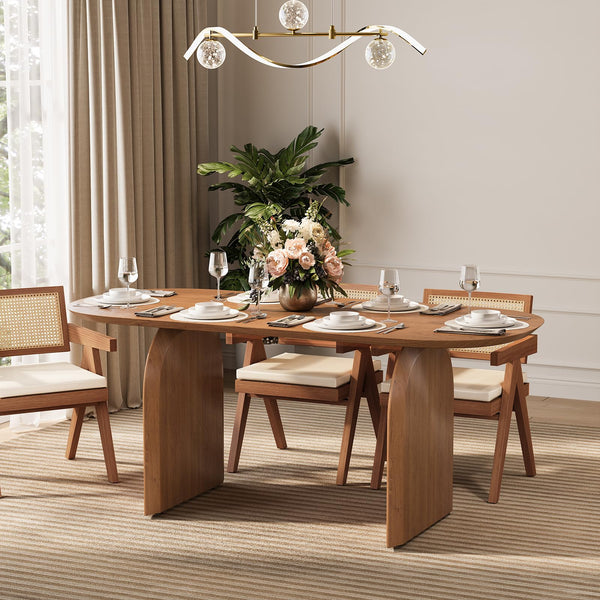 Japandi Oval Dining Table – Solid Pine Wood, Walnut Top