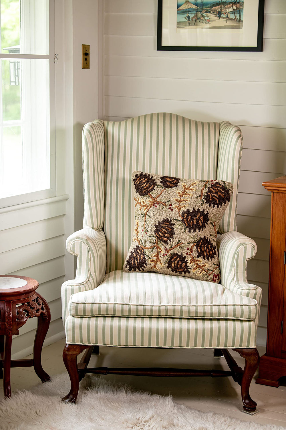 Hand-Hooked Wool Throw Pillow 18x18 – Northwoods Pine Cones, Tan