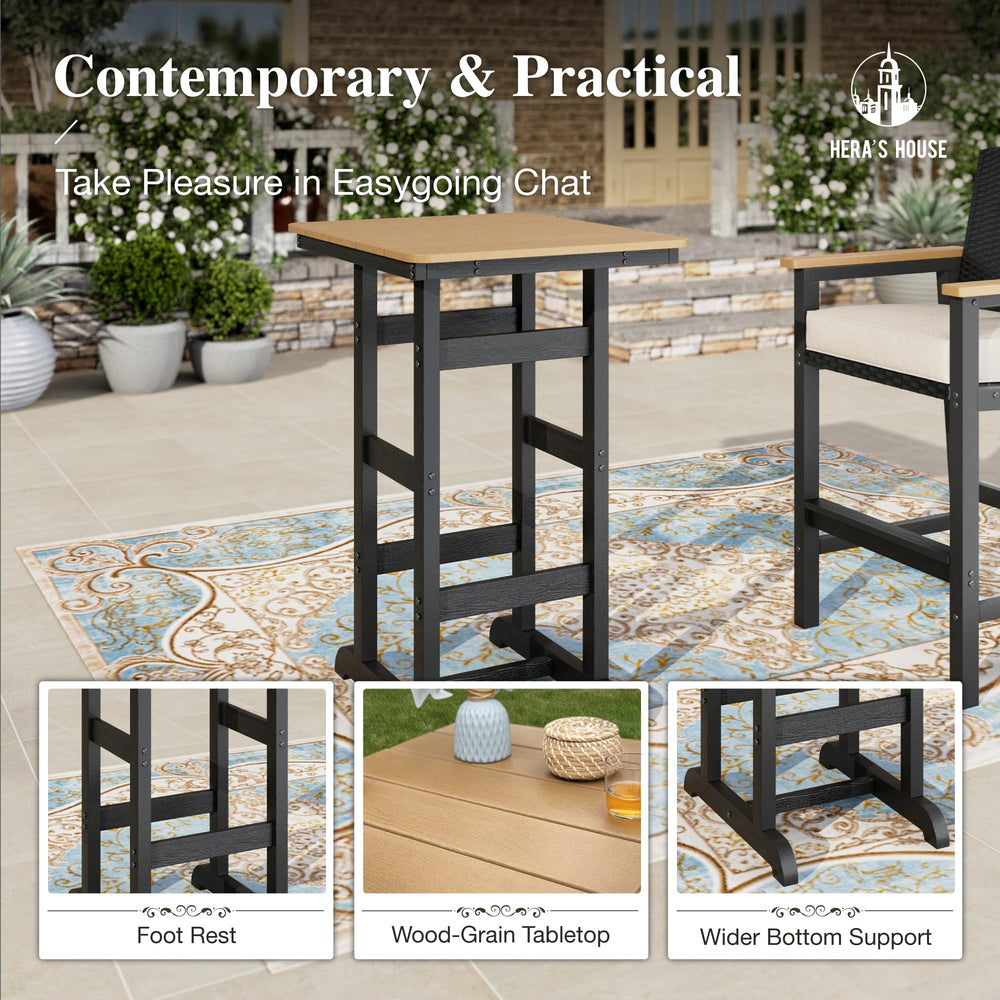 3-Piece Outdoor Patio Bar Set with Wicker Bar Stools and HDPE Bar Table