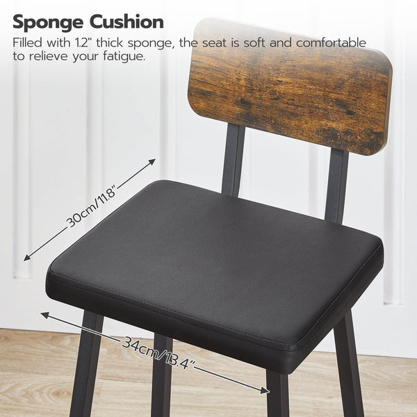 Bar Stools Set of 2 – PU Upholstered with Backrest & Footrest, Rustic Brown & Black