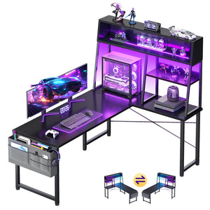 L-Shaped Gaming Desk with LED Lights and Display Shelves