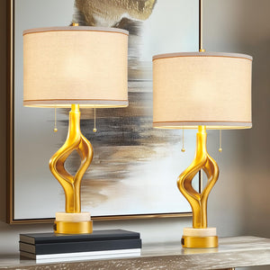 Gold Sculptural Table Lamp Set of 2 with USB Ports & Marble Base