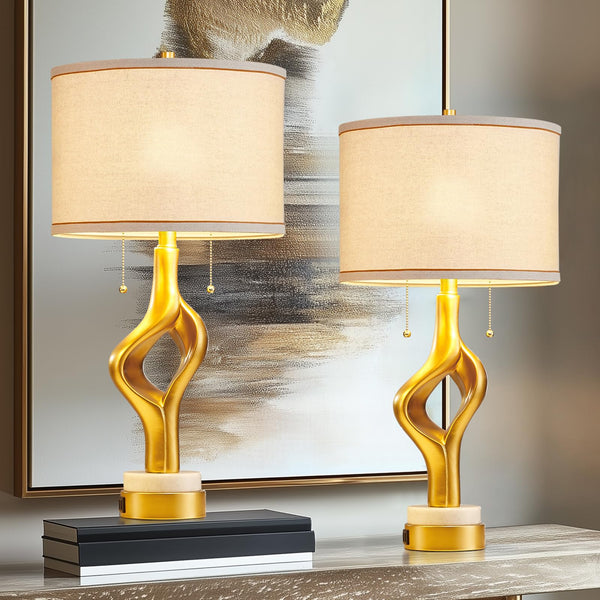 Gold Sculptural Table Lamp Set of 2 with USB Ports & Marble Base