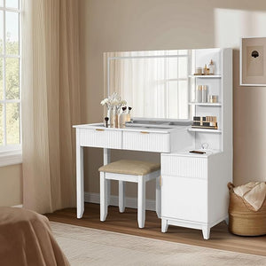 Vanity Desk with Stool, LED Mirror & Power Outlet