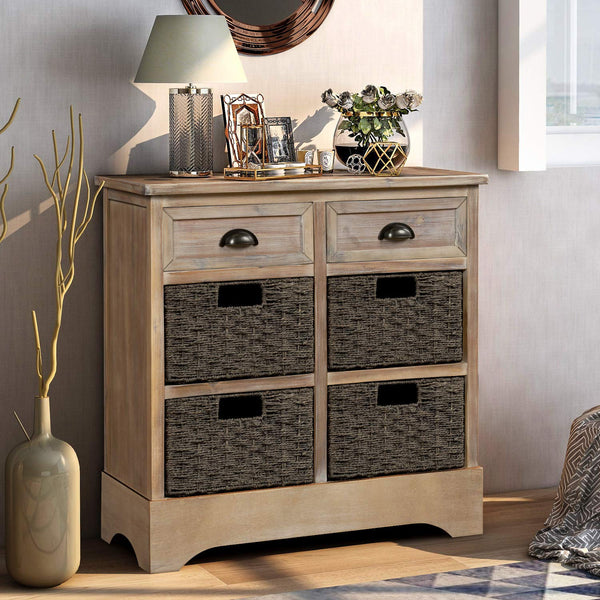 Farmhouse Storage Chest with 2 Drawers & 4 Wicker Baskets
