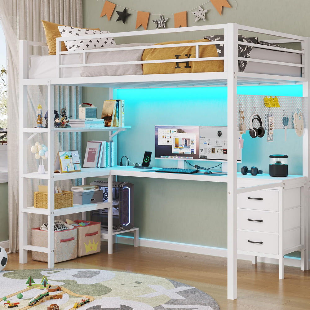 Twin Metal Loft Bed with L-Shaped Desk, LED Lights & Charging Station