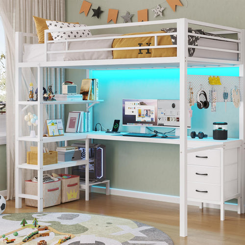 Twin Metal Loft Bed with L-Shaped Desk, LED Lights & Charging Station
