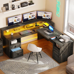 L-Shaped Computer Desk with Power Outlets, LED Lights & Lift Top – 60" Corner Desk with Drawers, Monitor Stand & File Cabinet
