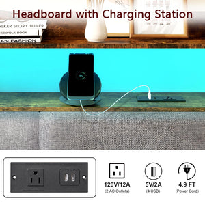 King Upholstered Headboard with LED Lights & Charging Station