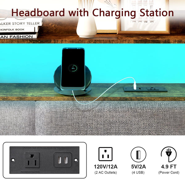 King Upholstered Headboard with LED Lights & Charging Station