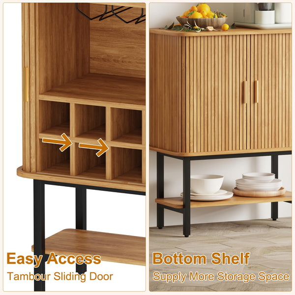 Wine Bar Storage Cabinet with Sliding Doors & Glass Holder