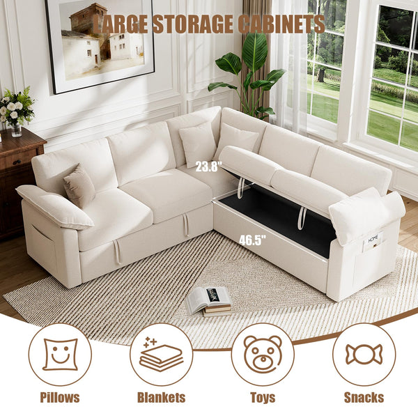 L-Shaped Sectional Sleeper Sofa with Pull-Out Bed and Storage