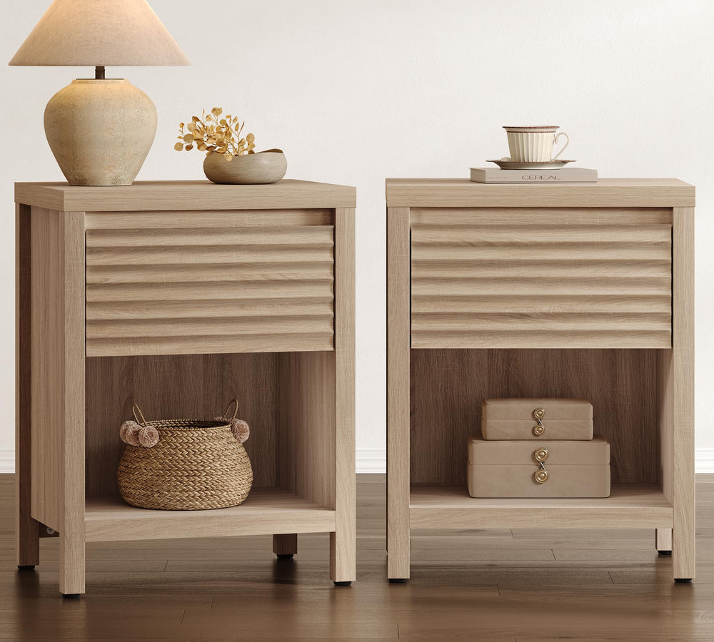 Fluted Nightstand Set of 2 with Drawer & Storage Shelf