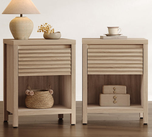 Fluted Nightstand Set of 2 with Drawer & Storage Shelf