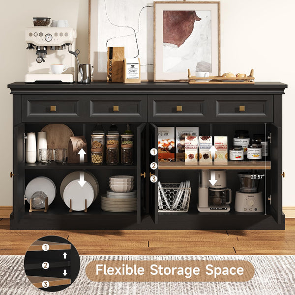 63-Inch Buffet Cabinet with Storage, 4 Doors, Drawers & Shelves