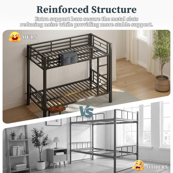 Heavy Duty Metal Bunk Bed Twin Over Twin with Desk, Storage & Convertible Design