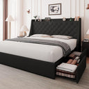 Upholstered Bed Frame with Storage Drawers & Charging Station