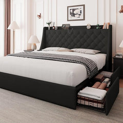 Upholstered Bed Frame with Storage Drawers & Charging Station