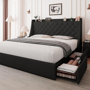 Upholstered Bed Frame with Storage Drawers & Charging Station