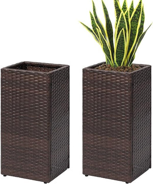 Tall Square Rattan Planter Box Set of 2 with Removable Liner – 12x12x24 Inch