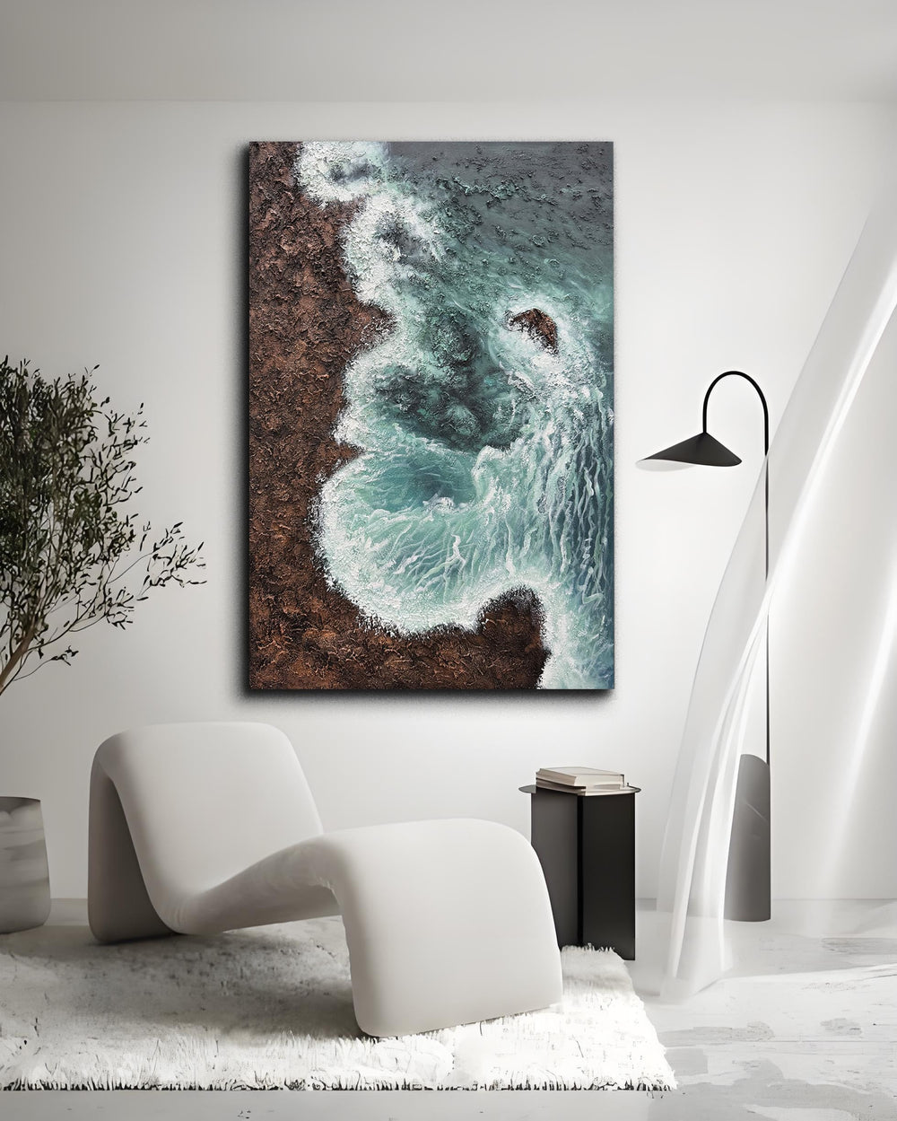 24x36" Hand-Painted 3D Texture Abstract Sea Wave Oil Painting – Modern Minimalist Canvas Wall Art