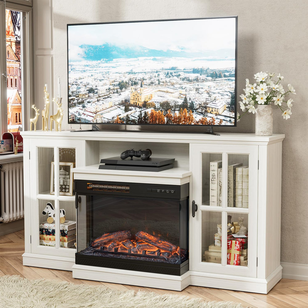 Fireplace TV Stand for 65" TV — 3-Sided Glass with Storage