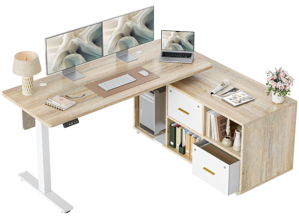 L-Shaped Height Adjustable Standing Desk with Privacy Panel, Drawers & Shelves, 61.4" x 47.2" – Maple