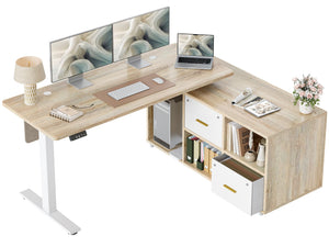 L-Shaped Height Adjustable Standing Desk with Privacy Panel, Drawers & Shelves, 61.4" x 47.2" – Maple