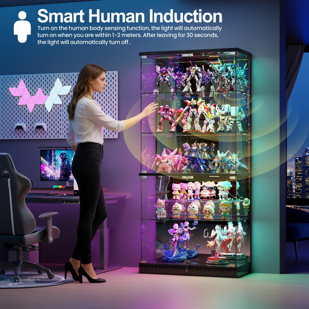 5-Tier Glass Display Cabinet with RGB Lights & Lock
