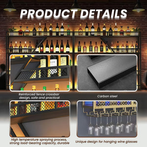 Wall Mounted Wine Rack with LED Light – 4-Tier Metal Floating Shelf with Glass Holder