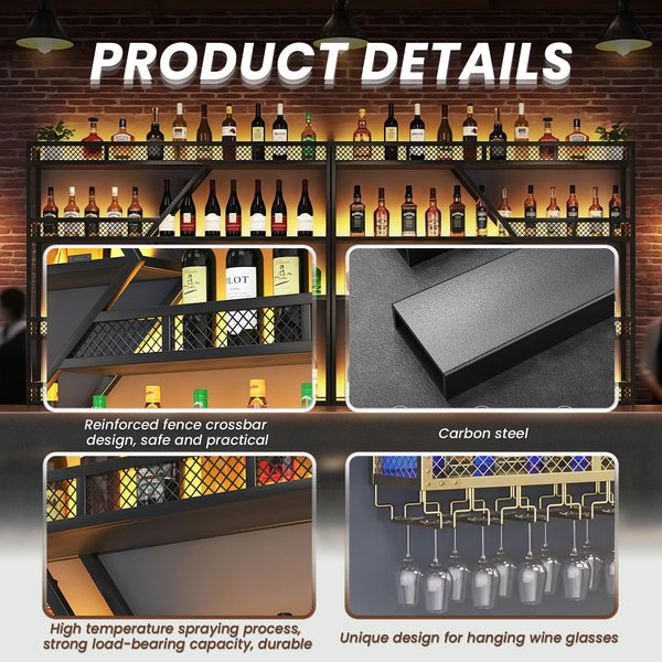 Wall Mounted Wine Rack with LED Light – 4-Tier Metal Floating Shelf with Glass Holder