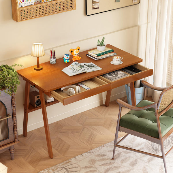 47" Mid-Century Modern Writing Desk with 2 Drawers & Storage Shelf