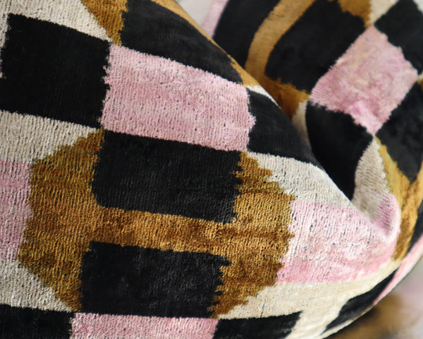 Pink Brown Geometric Silk Velvet Throw Pillow