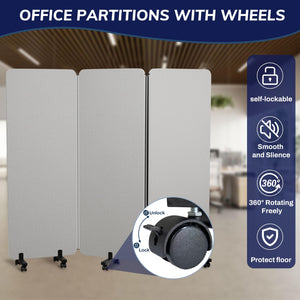 3-Panel Foldable Room Divider with Wheels, 71"W x 66"H