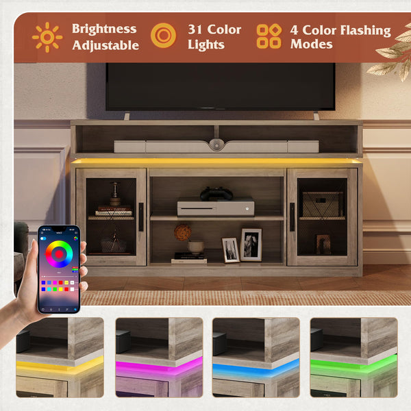 Farmhouse TV Stand with LED Lights & Storage Cabinets