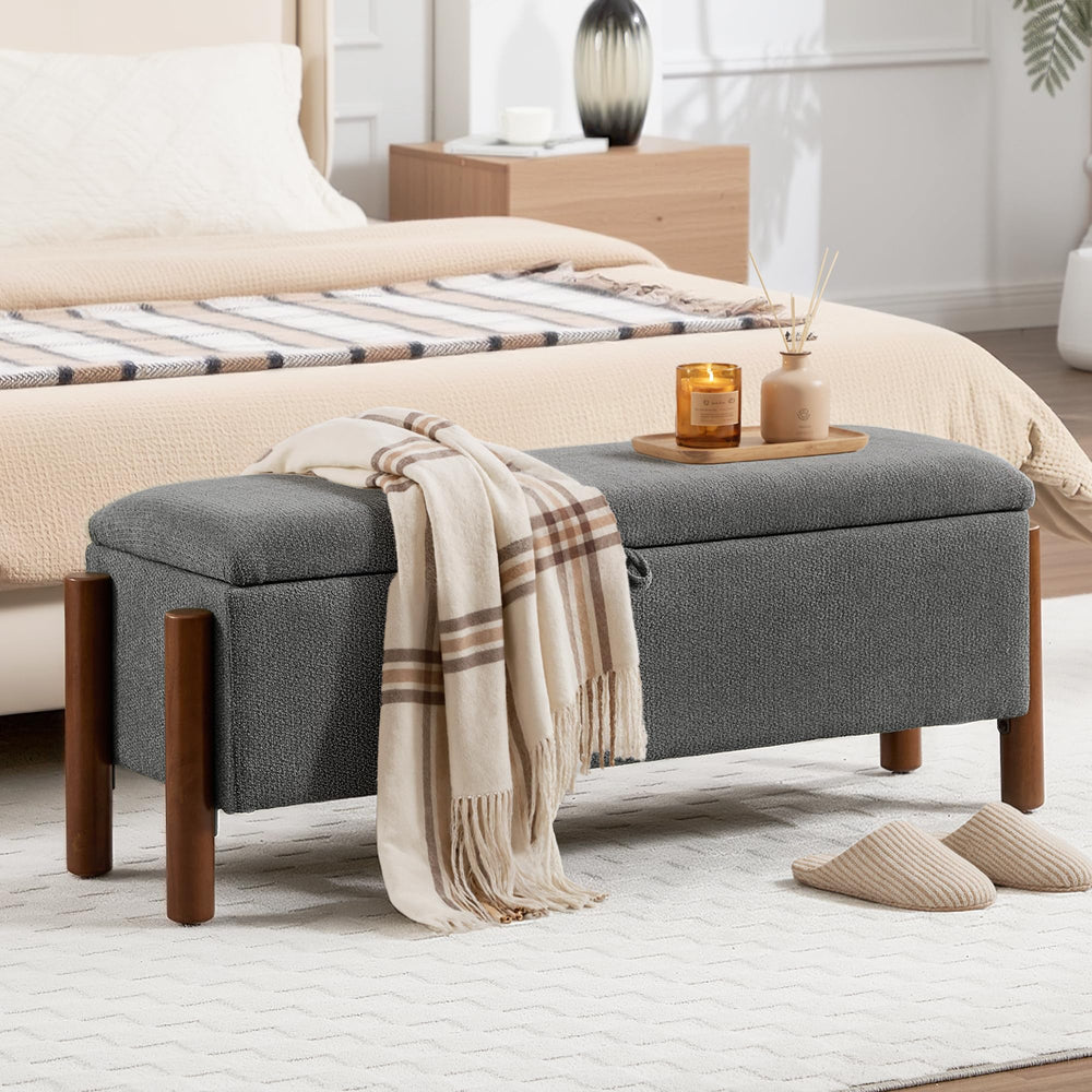 Storage Ottoman Bench with Walnut Legs – 43.7" Upholstered Bedroom Bench