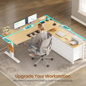 L-Shaped Electric Standing Desk with Drawers & Power Outlet