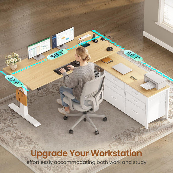 L-Shaped Electric Standing Desk with Drawers & Power Outlet